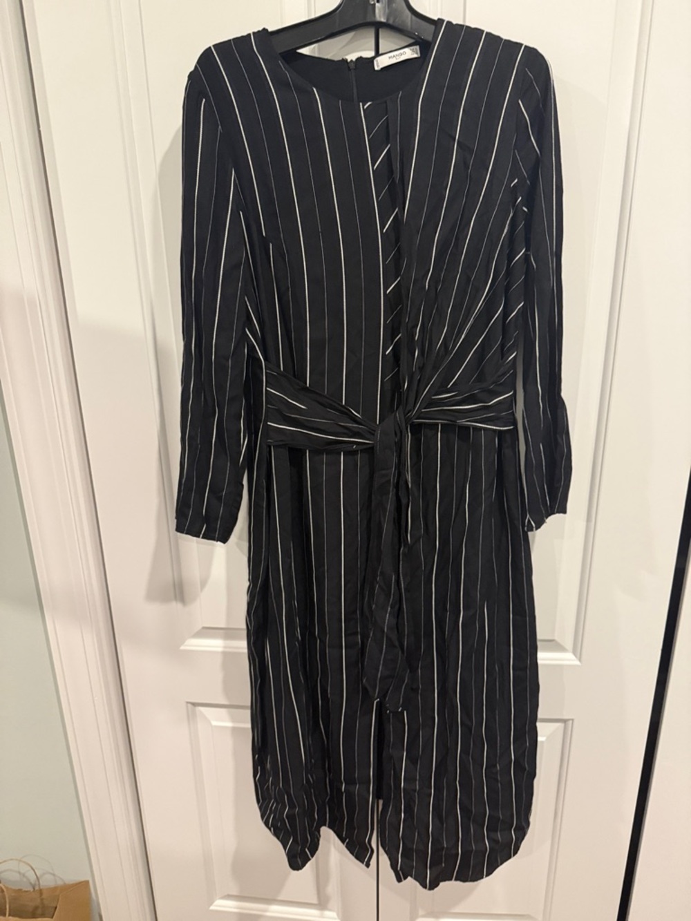 Mango Black and White Pinstriped Long-Sleeve Tie-Waist Dress